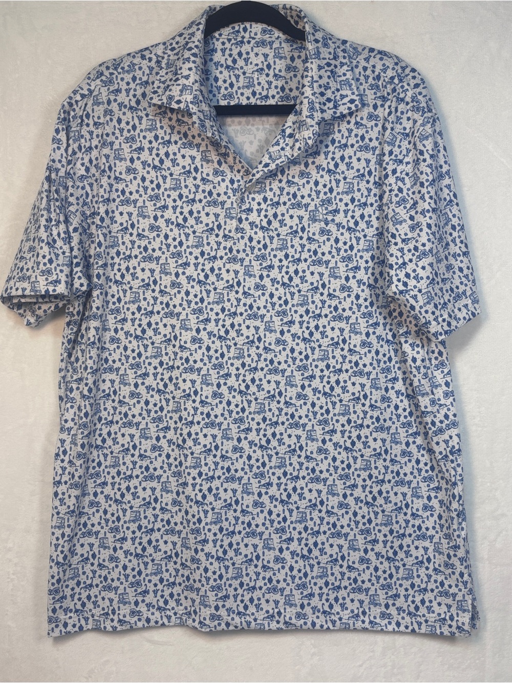 Rhoback Polo Shirt Mens Large White Blue Desert Cactus Golf Performance Stretch
